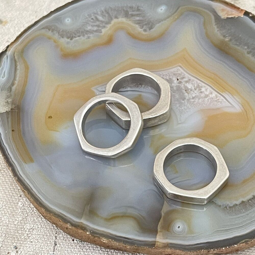 Vintage GUCCI Sterling Silver Modernist Stacking Rings Set Of 3 Size 5